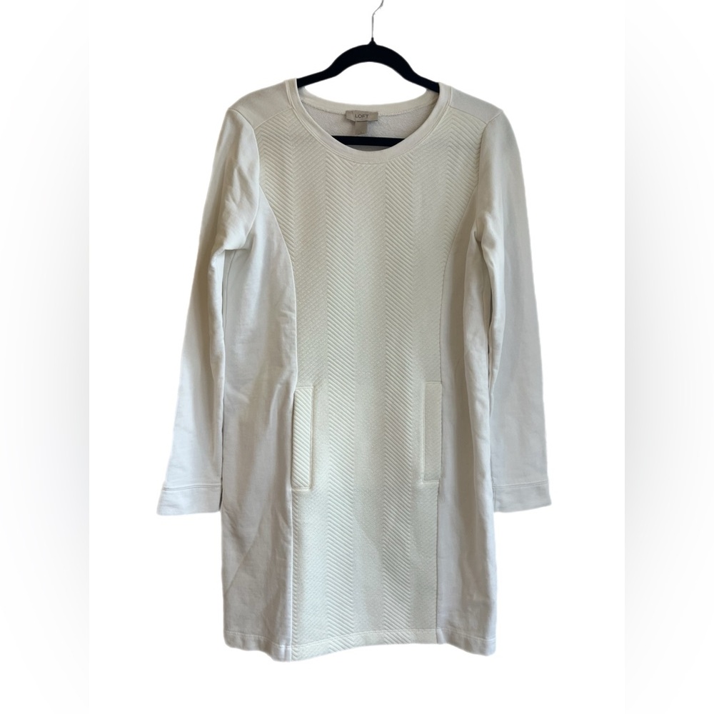 LOFT Textured Shift Dress Small White Cream Long Sleeve Pockets